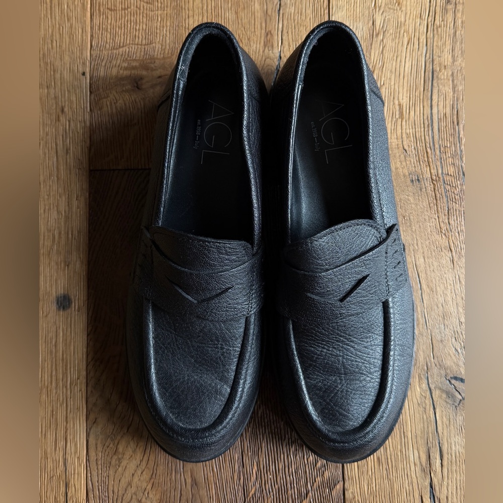 AGL Attilio Giusti Leombruni Black Leather Lug Sole Penny Loafers 40